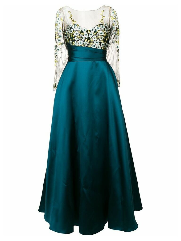 Marchesa Notte floral embroidered flared dress - Blue