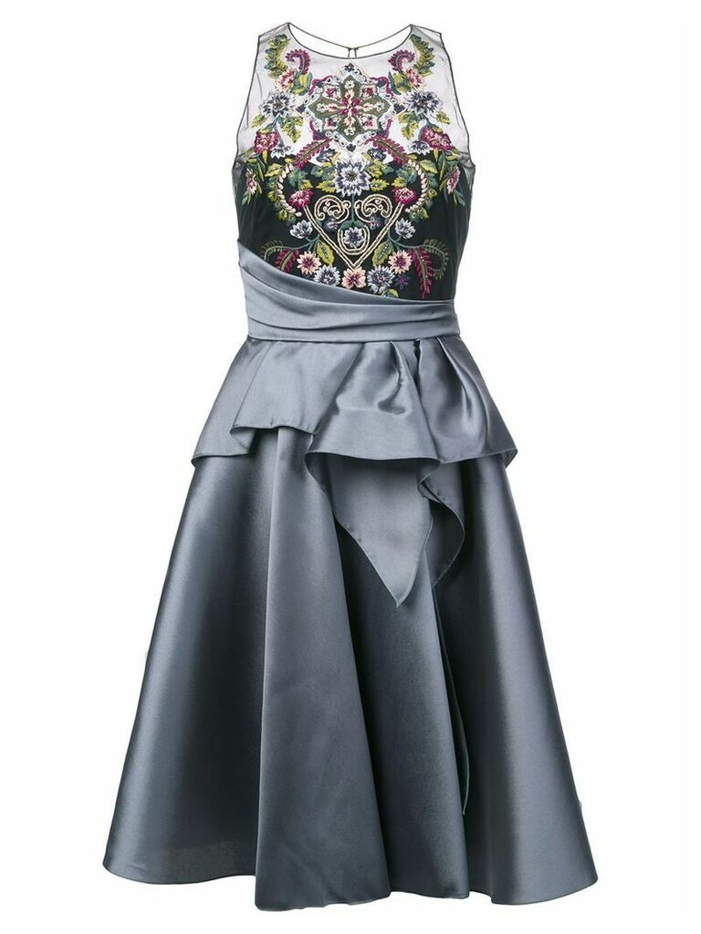 Marchesa Notte embroidered top flared dress - Grey