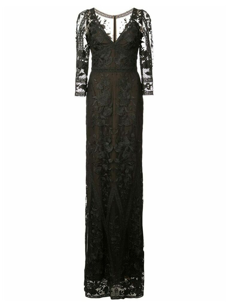 Marchesa Notte long floral lace gown - BLACK