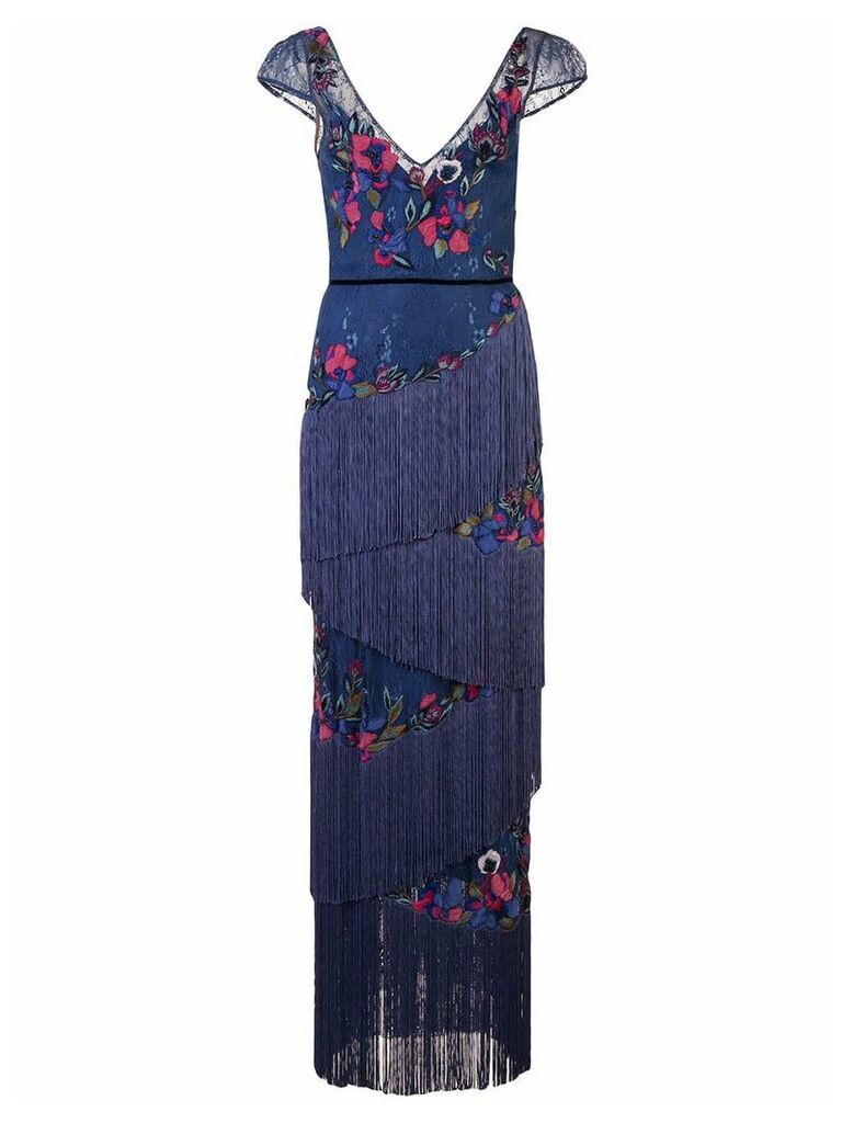 Marchesa Notte fringe & lace detailed gown - Blue