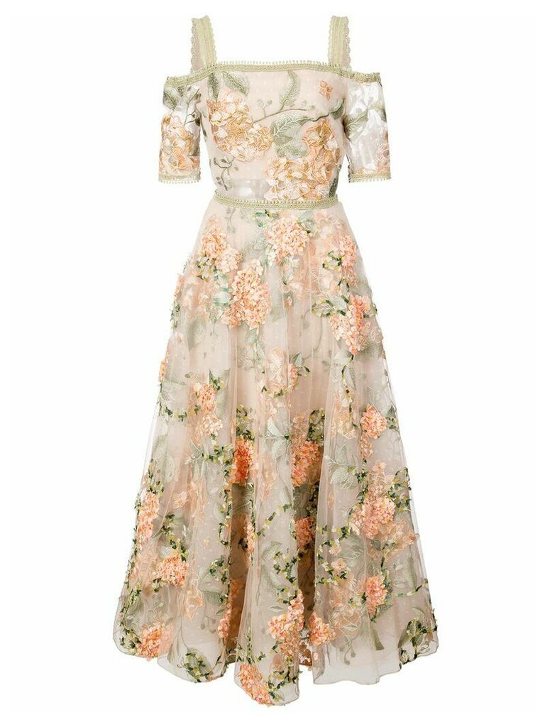 Marchesa Notte floral-embroidered off-the-shoulder dress - NEUTRALS