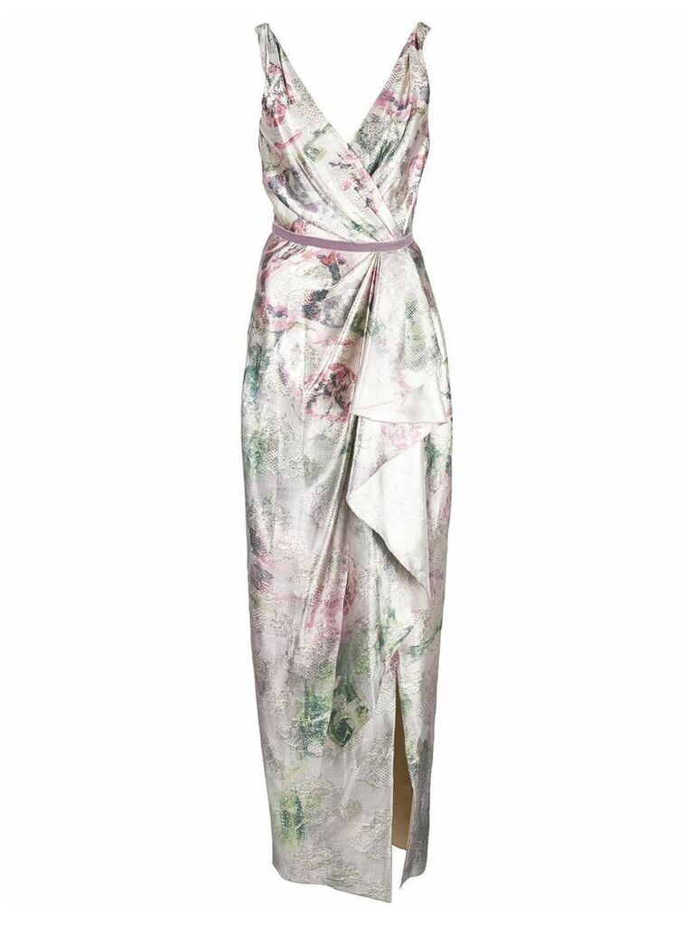 Marchesa Notte shiny floral print draped gown - SILVER