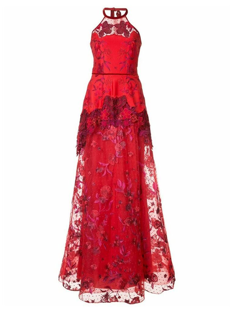 Marchesa Notte high low lace dress - Red