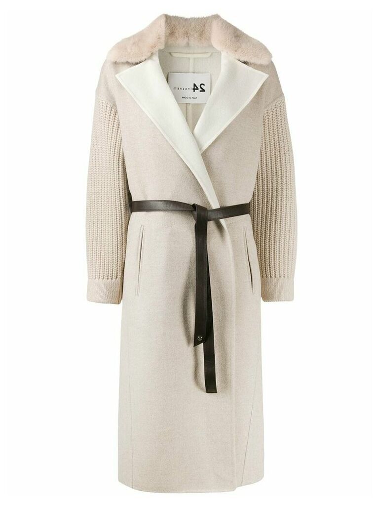 Manzoni 24 belted knitted-sleeves cardi-coat - NEUTRALS