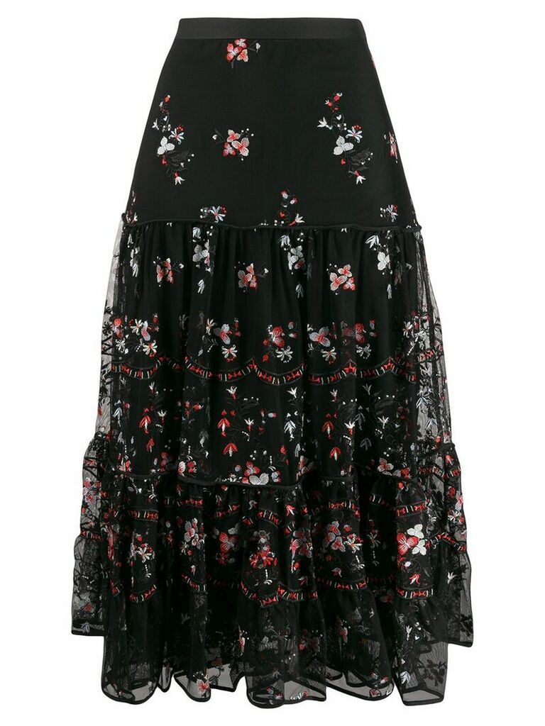 Tory Burch embroidered floral print ruffled skirt - Black