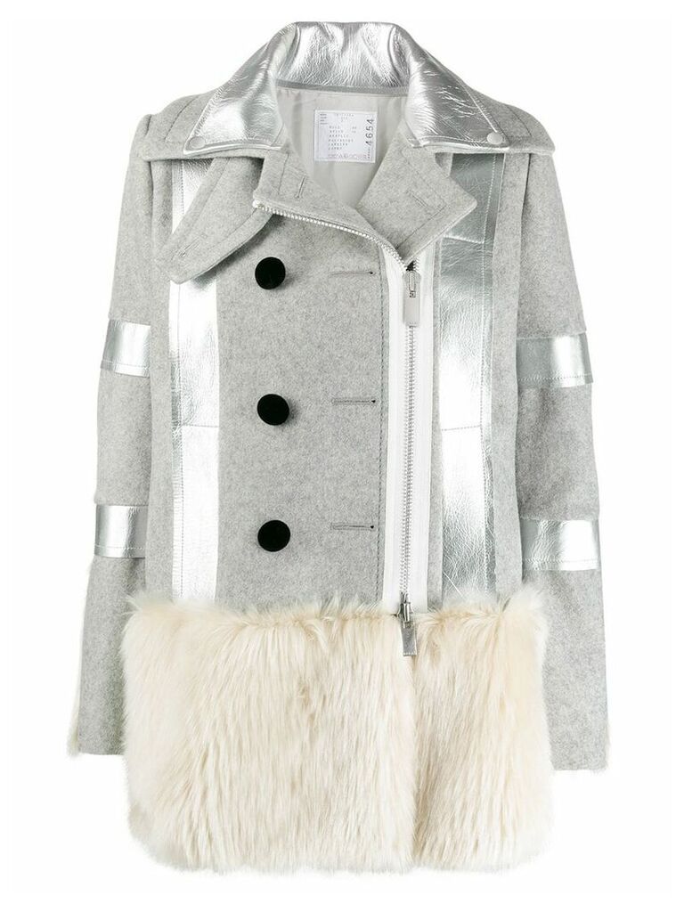 Sacai faux fur trimmed wool coat - Grey