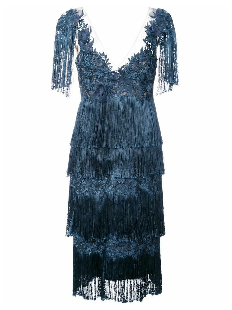Marchesa Notte fringed dress - Blue