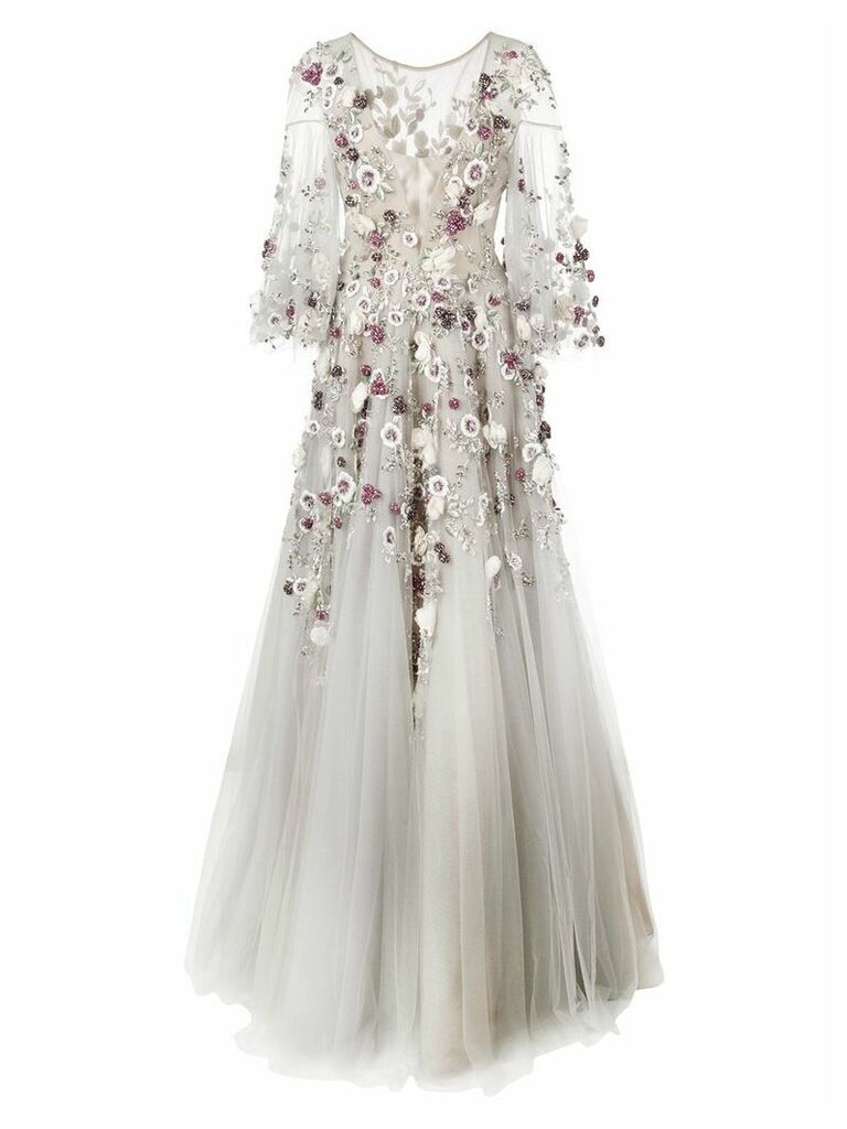 Marchesa embroidered floral flared gown - Grey