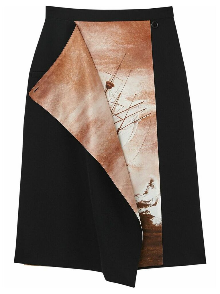 Burberry Ship Print Silk Panel Wool Pencil Skirt - Black