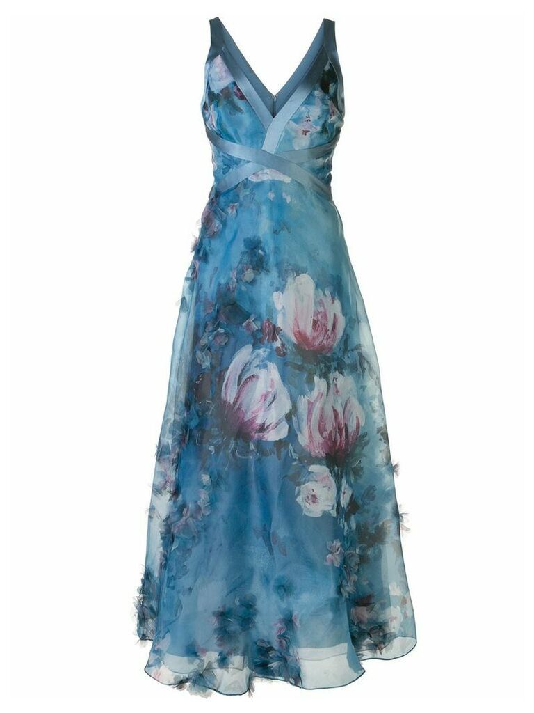 Marchesa Notte v-neck floral print effect dress - Blue