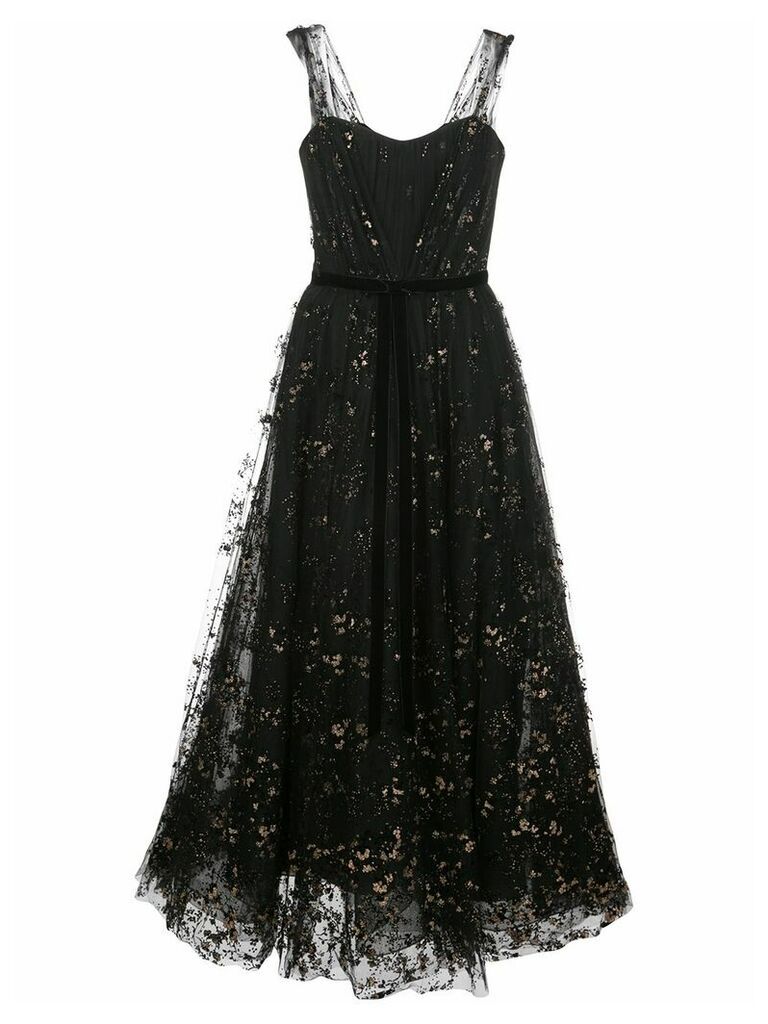 Marchesa Notte flocked glitter tulle midi dress - Black