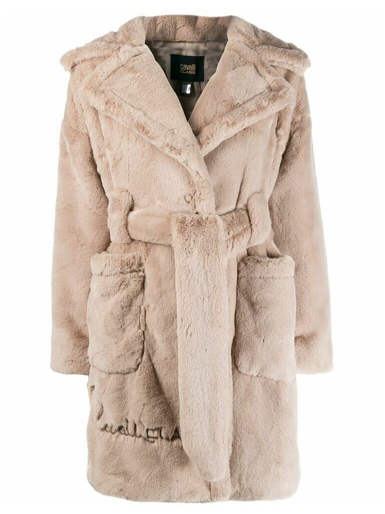 Cavalli Class faux-fur belted coat - NEUTRALS