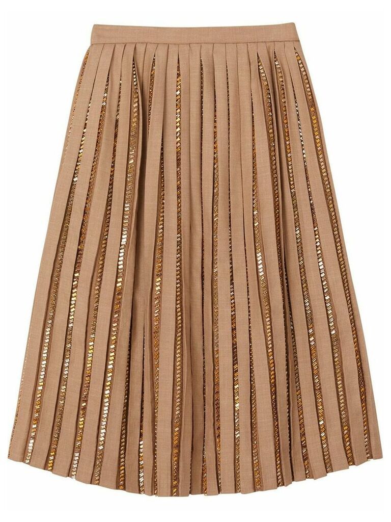 Burberry Crystal Detail Plissé Soleil Wool Silk Blend Skirt - NEUTRALS