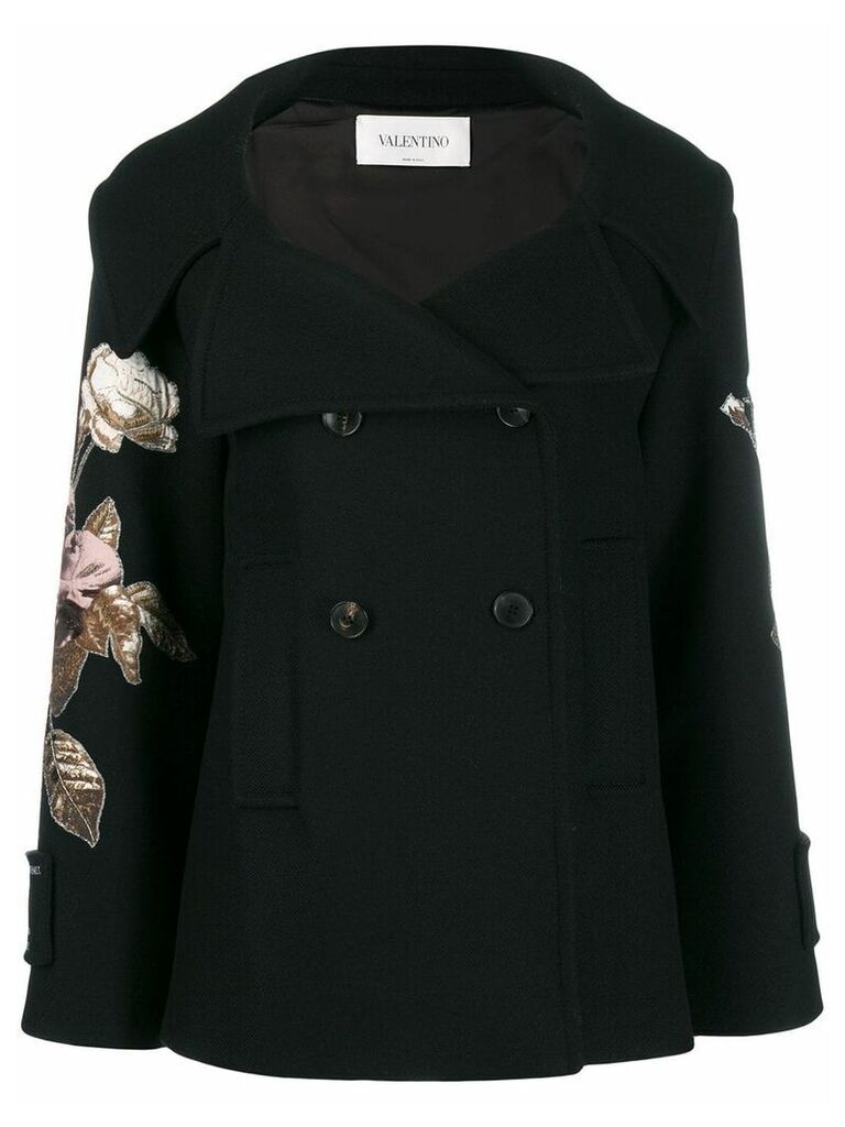 Valentino floral embroidered patch sleeve coat - Black