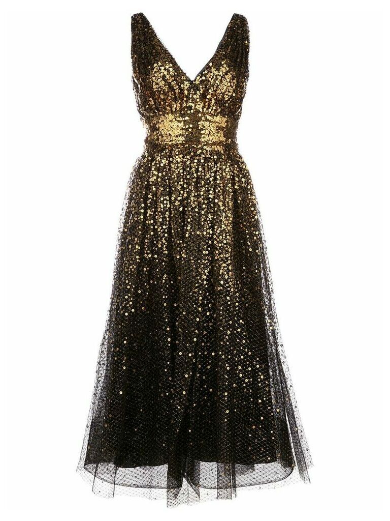 Marchesa Notte sequin embroidered flared dress - GOLD