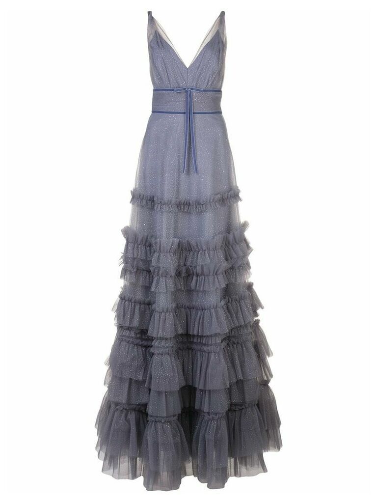 Marchesa Notte ruffled glitter-embellished gown - PURPLE