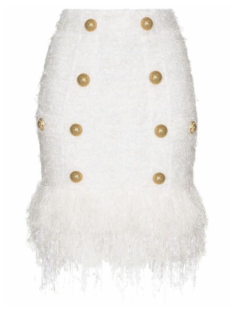 Balmain buttoned fringed tweed skirt - White