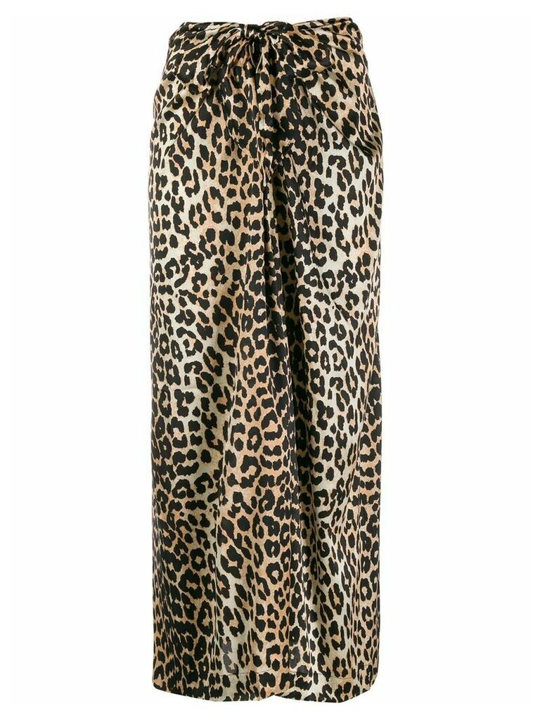 GANNI leopard print tie midi skirt - Brown