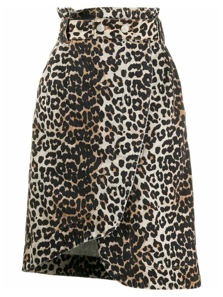 GANNI leopard print asymmetric denim skirt - Neutrals