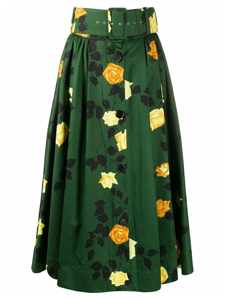MSGM rose-print belted A-line midi skirt - Green