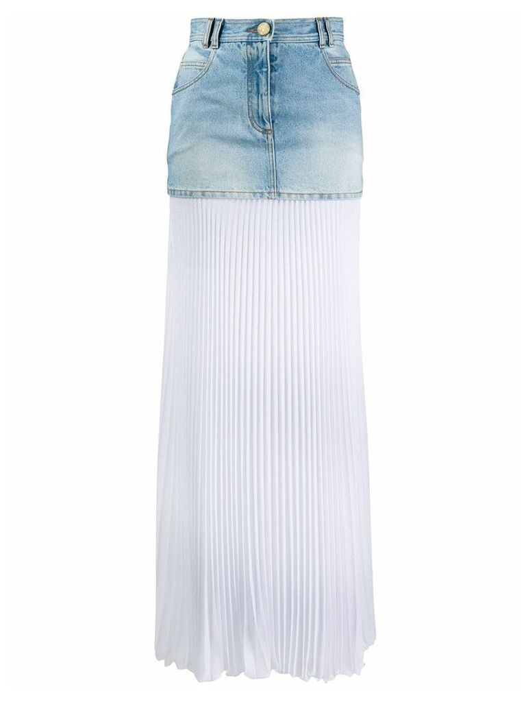 Balmain bi-material pleated denim skirt - Blue