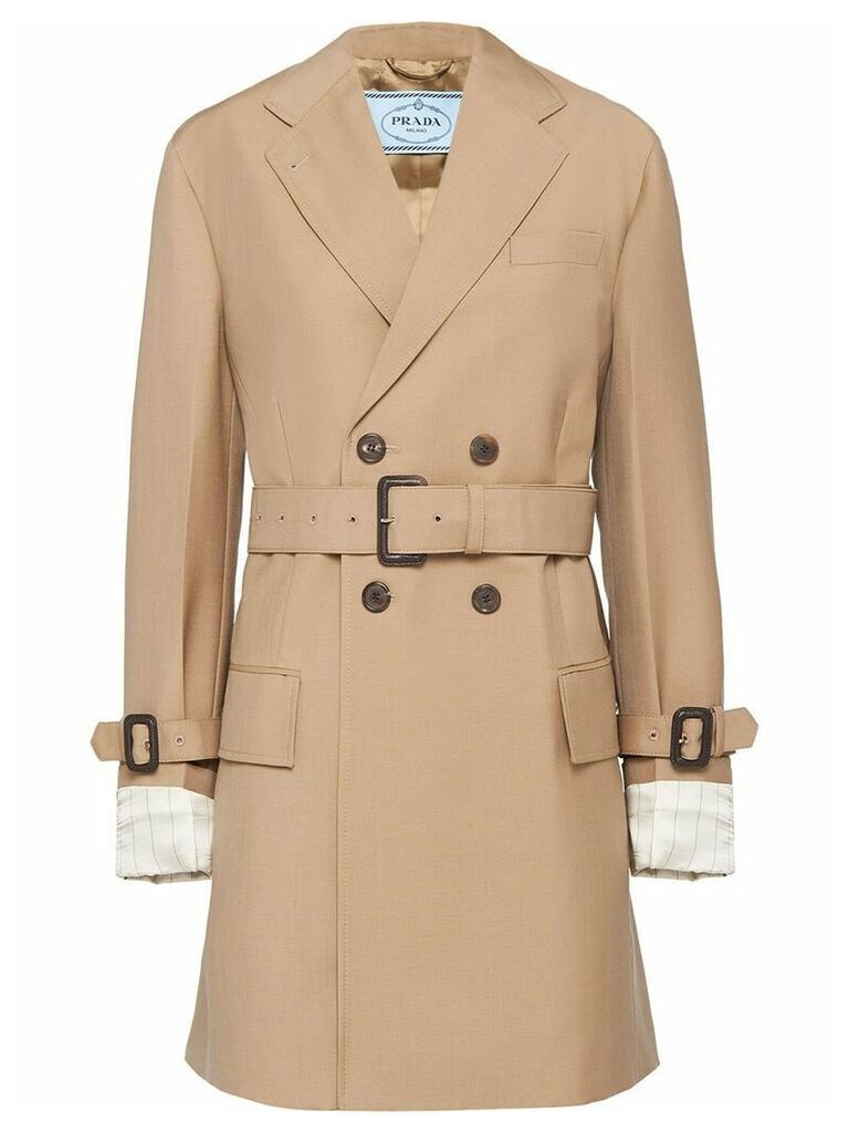 Prada Men's-style fit double-breasted coat - NEUTRALS
