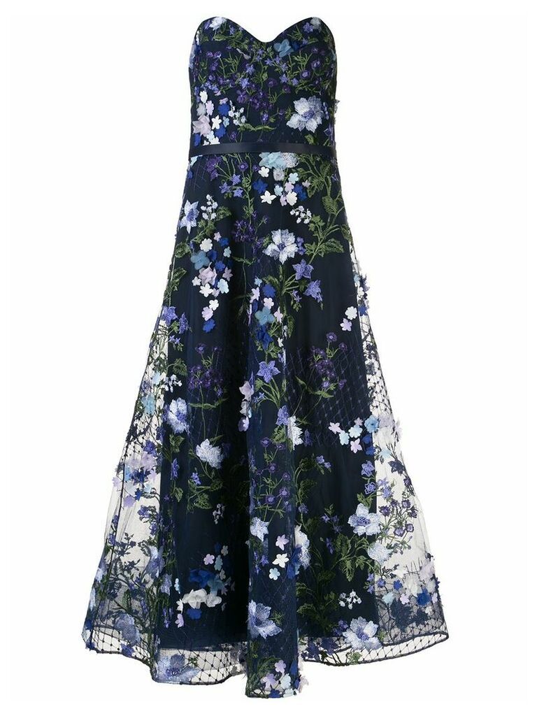 Marchesa Notte floral appliqué flared gown - Blue