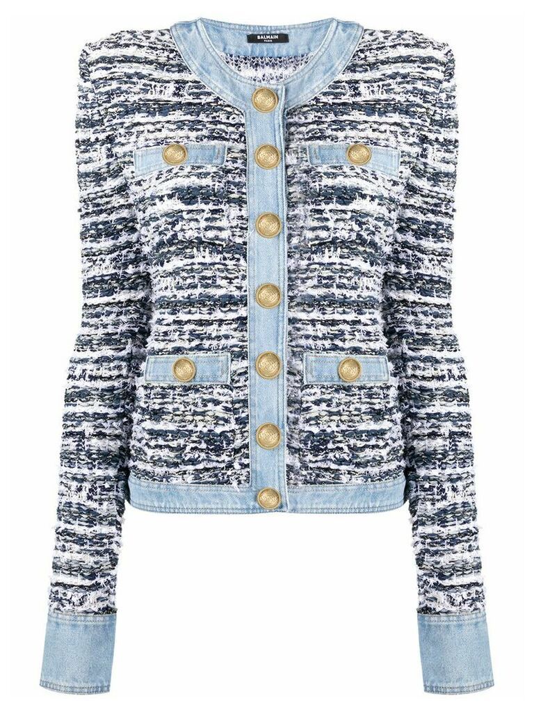 Balmain button up tweed and denim jacket - White
