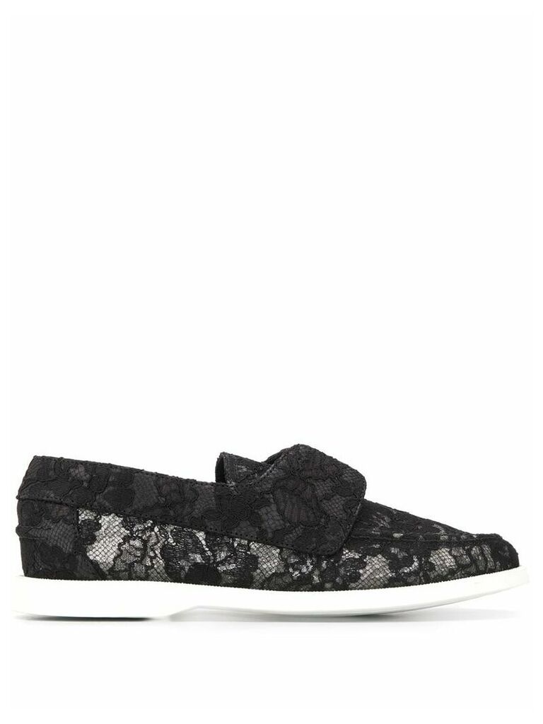 Le Silla floral lace embroidered slip-on loafers - Black