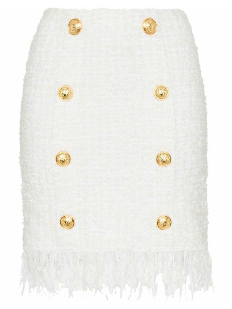 Balmain tweed shredded hem gold tone button skirt - White