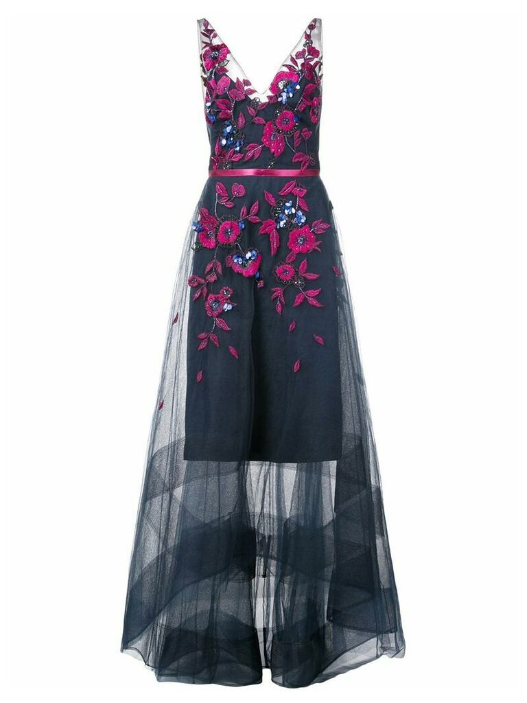 Marchesa Notte sheer floral embroidered gown - Blue