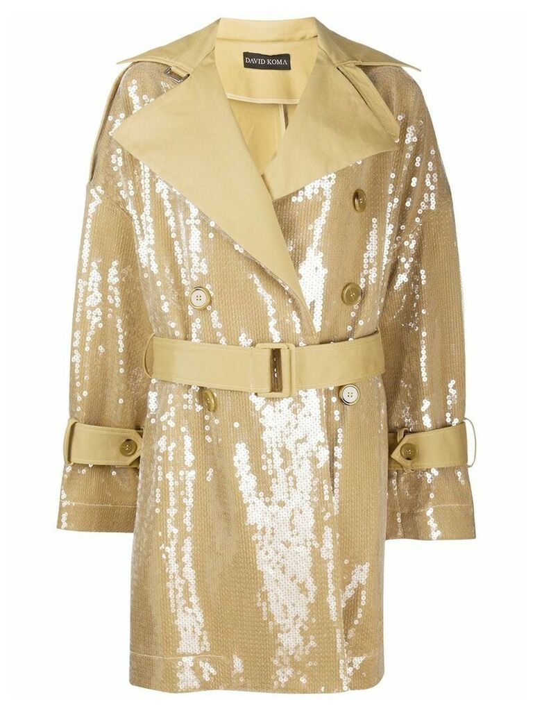 David Koma sequined belted trench coat - NEUTRALS