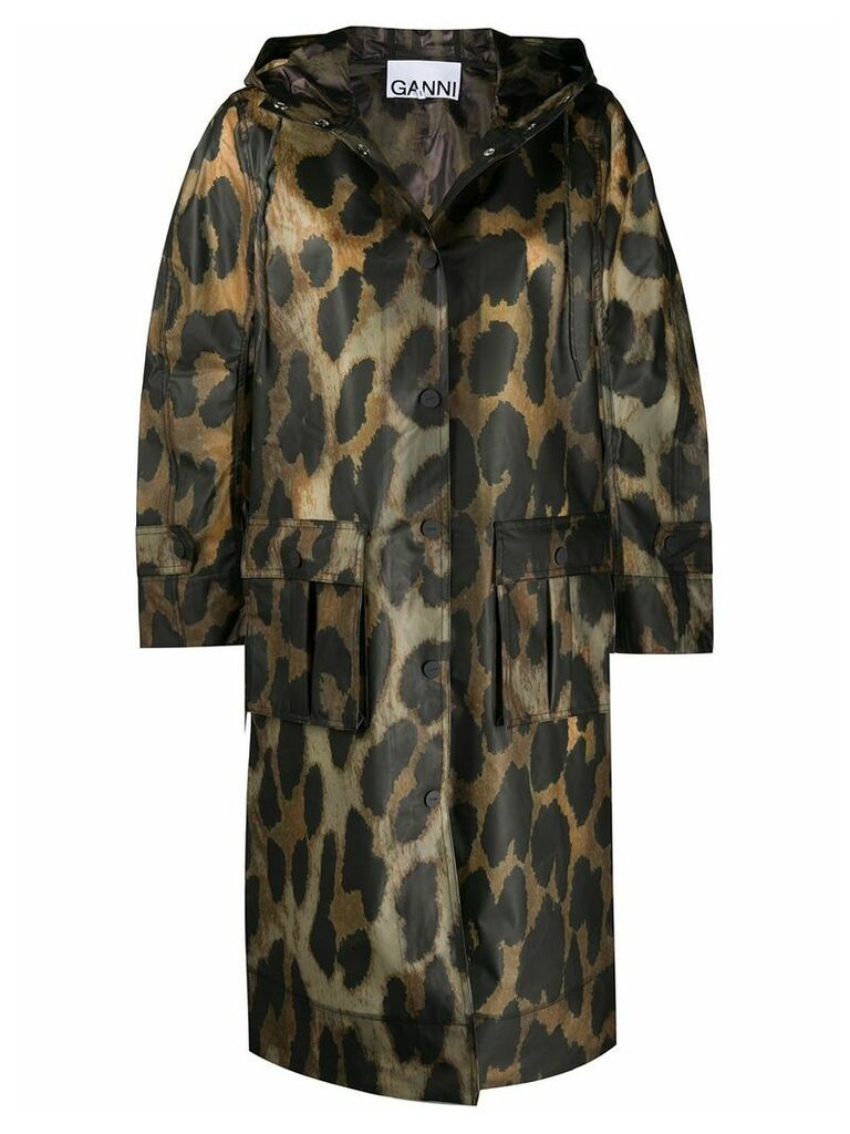 GANNI leopard print hooded coat - Brown