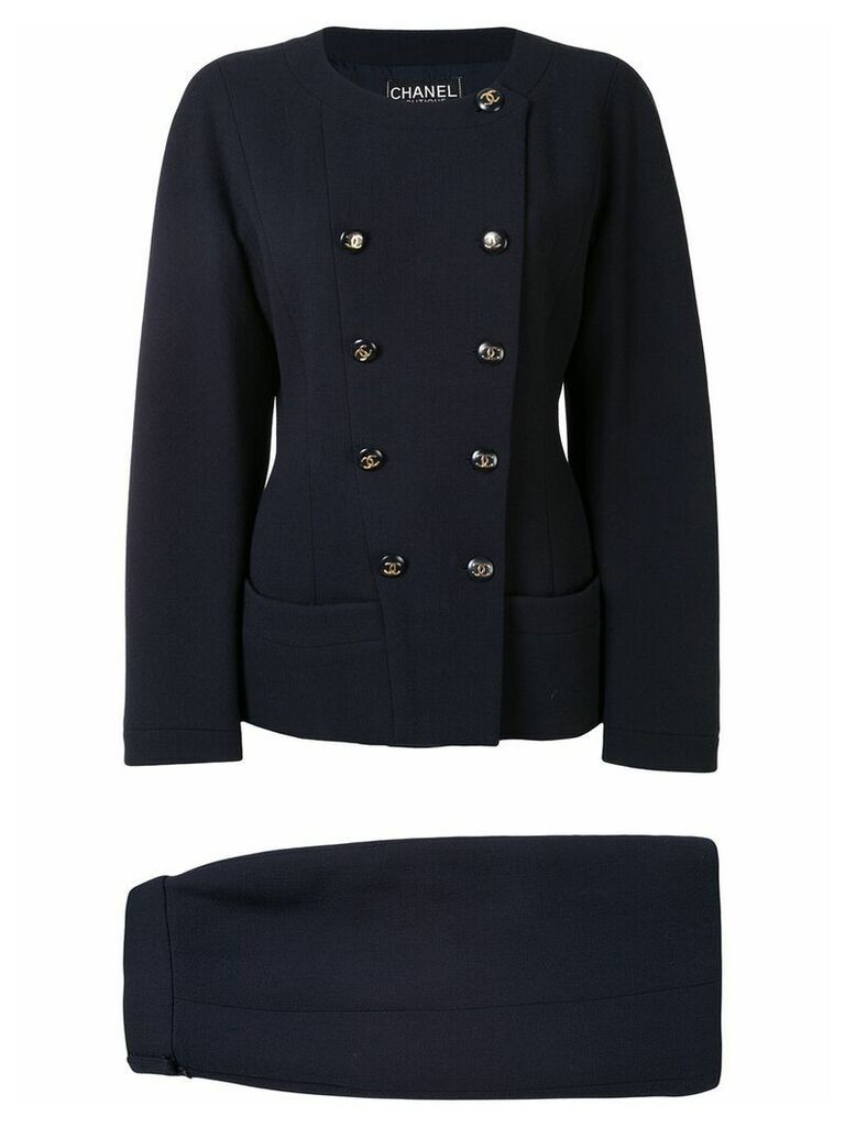 Chanel Pre-Owned collarless double-breasted skirt suit - Blue