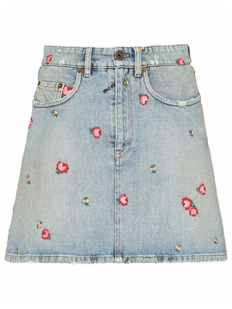 Miu Miu floral-embroidered denim skirt - Blue
