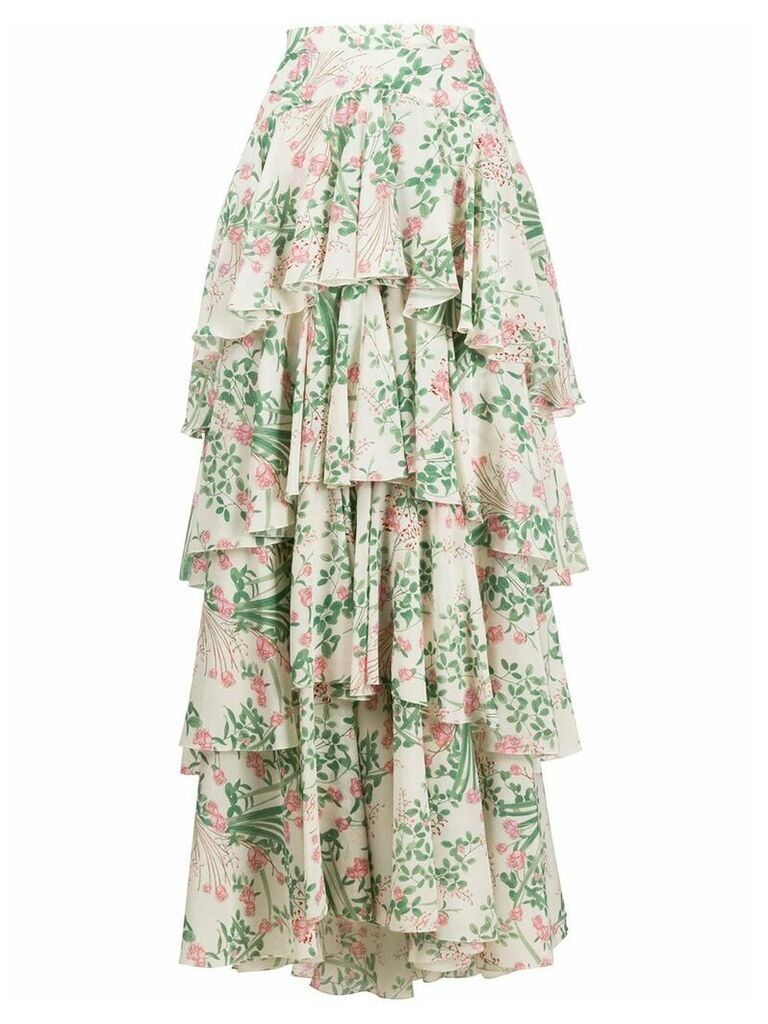 Giambattista Valli ruffled floral-print silk skirt - White