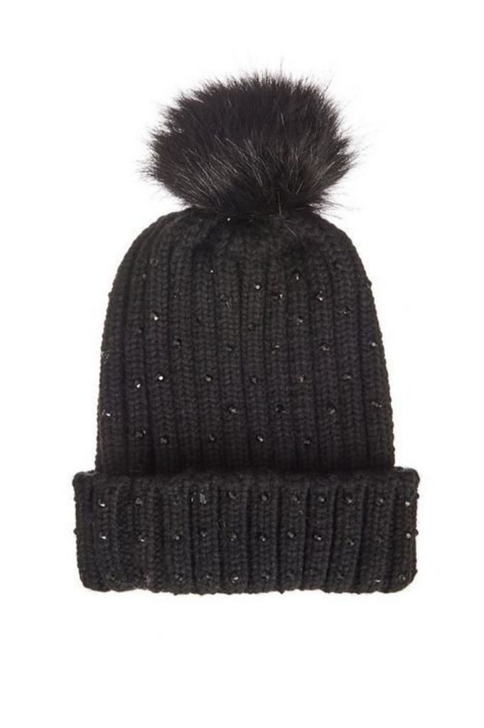 Quiz Black Jewel Trim Pom Knit Hat