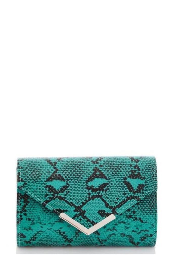 Quiz Turquoise Green Snake Print Clutch Bag