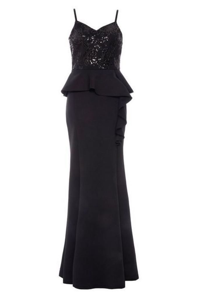 Quiz Black Strappy Sequin Embellished Peplum Maxi Dress