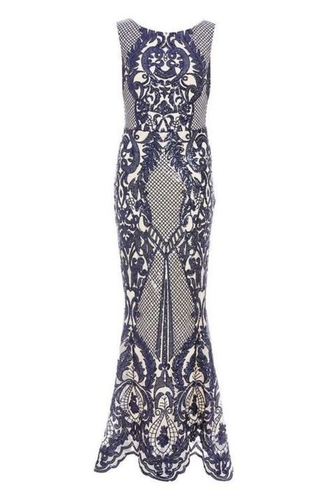 Quiz Navy And Nude Sequin Mesh High Neck Fishtail Maxi Dress