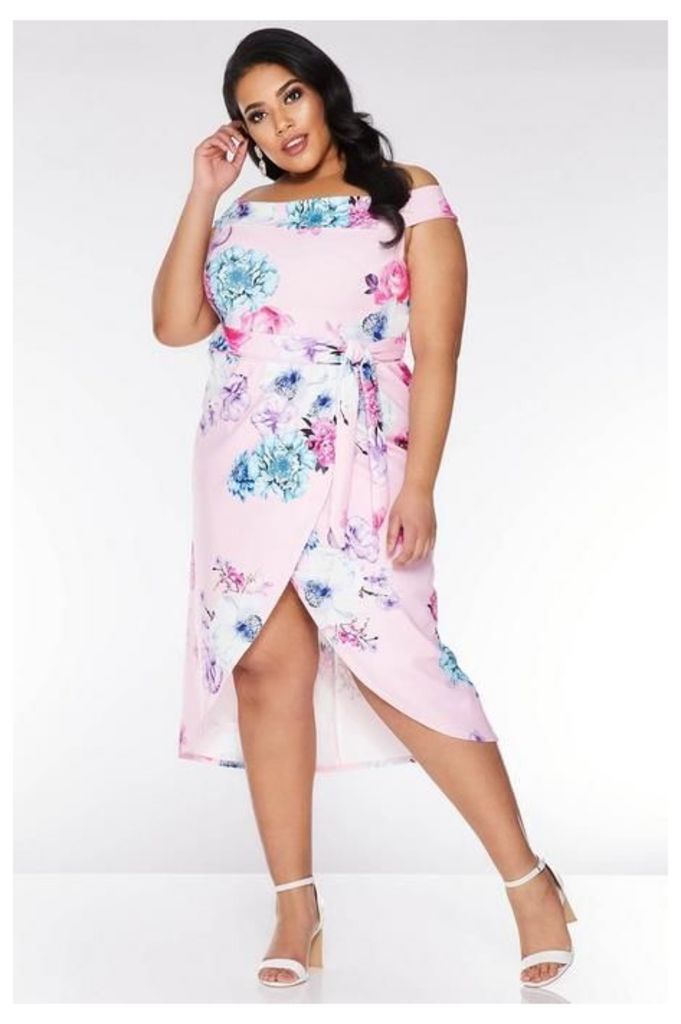 Quiz Curve Pink and Blue Bardot Floral Midi Dress