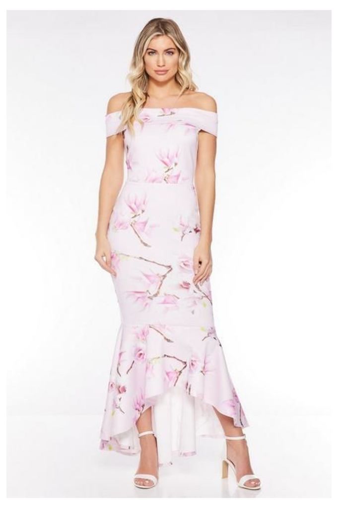 Quiz Pink and Lilac Floral Bardot Frill Hem Midi Dress