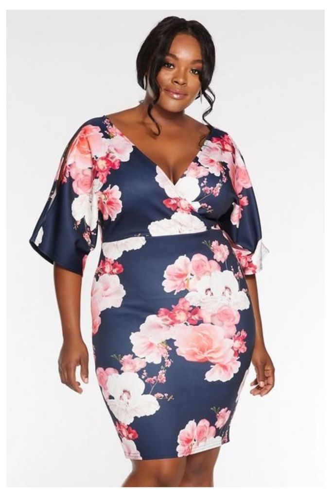 Quiz Curve Navy and Pink Floral Midi Dress