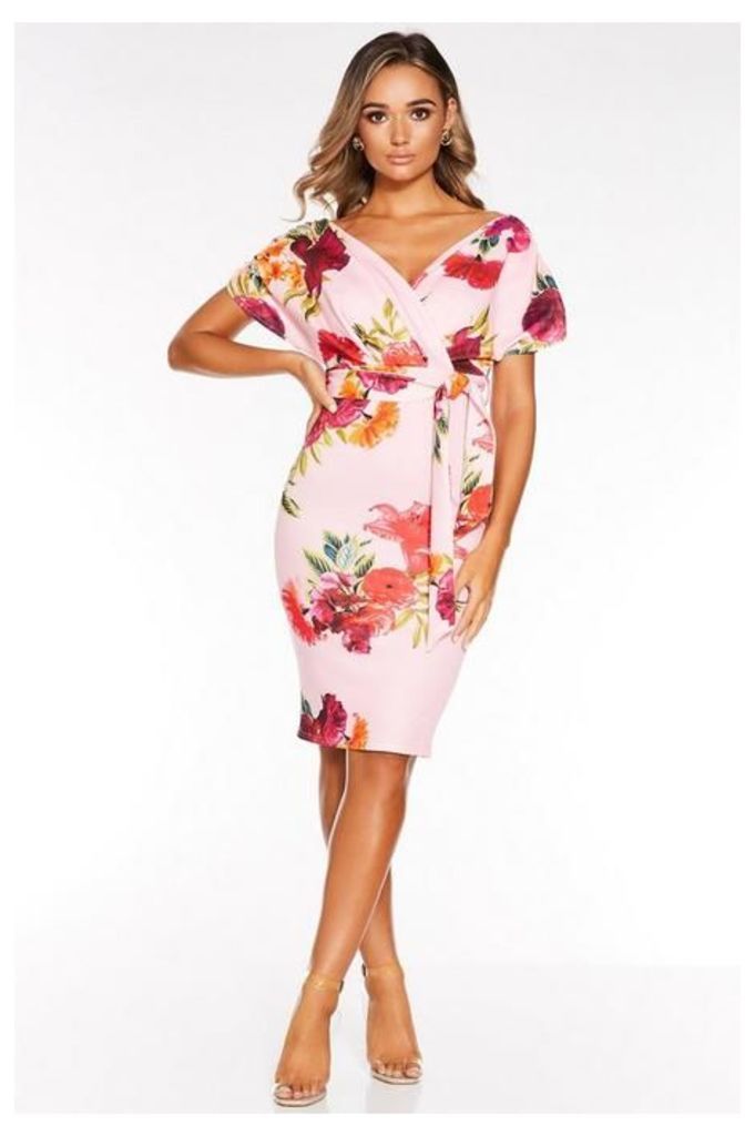 Quiz Pink And Red Floral Ruched Wrap Midi Dress
