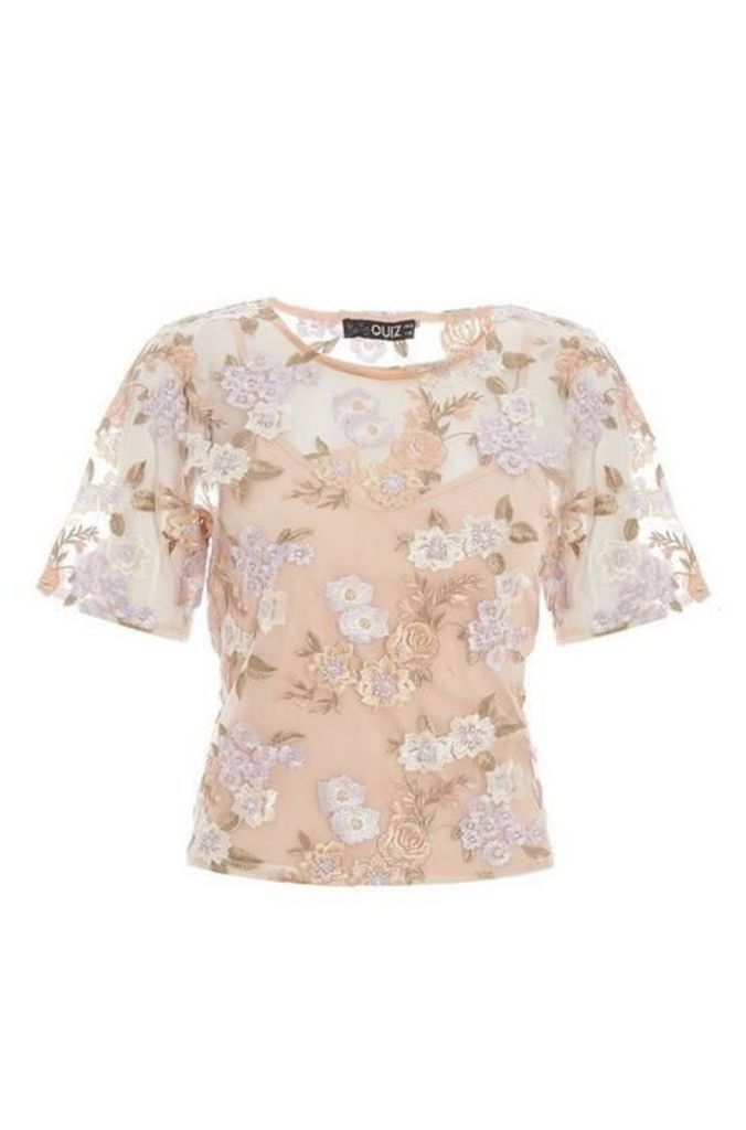 Quiz Nude And Lilac Floral Embellished Top