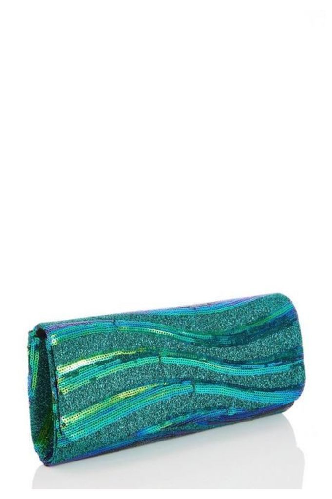 Quiz Green Shimmer Sequin Wave Clutch Bag