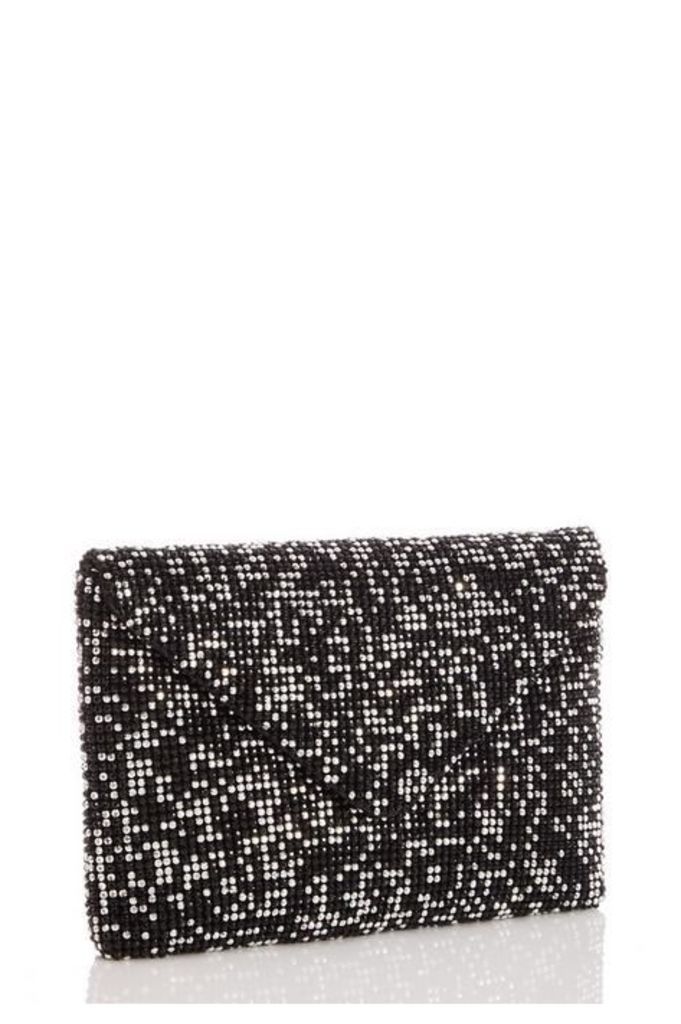 Quiz Black and Silver Diamante Soft Envelope Bag