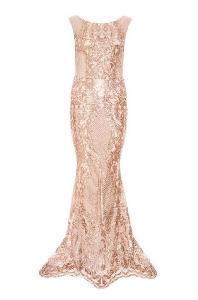 Quiz Rose Gold Sequin Mesh High Neck Fishtail Maxi Dress