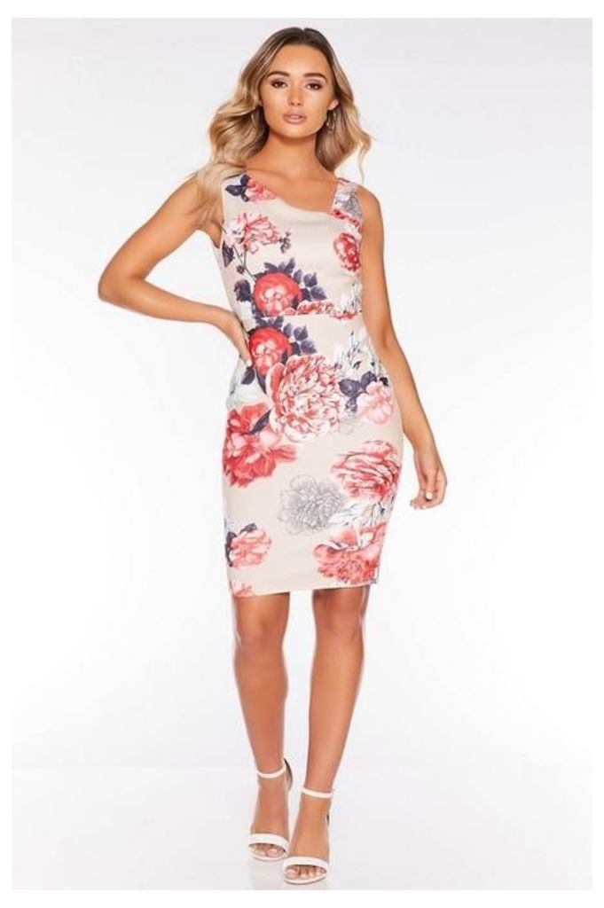 Quiz Stone and Red Floral Asymmetrical Shoulder Midi Dress