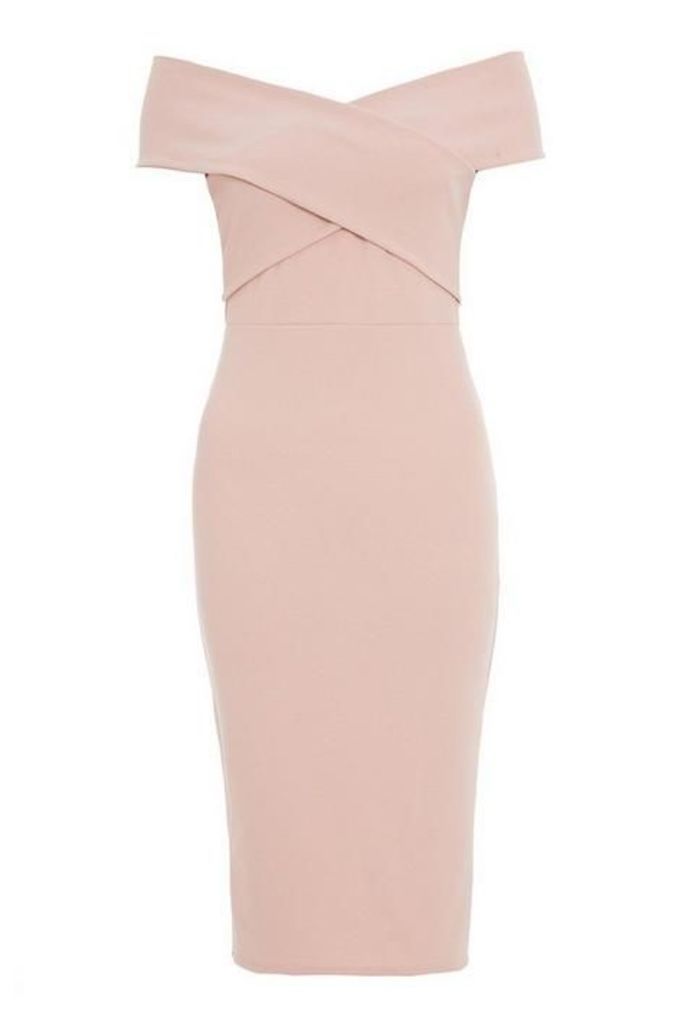 Quiz Dusky Pink Crepe Cross Over Bardot Midi Dress